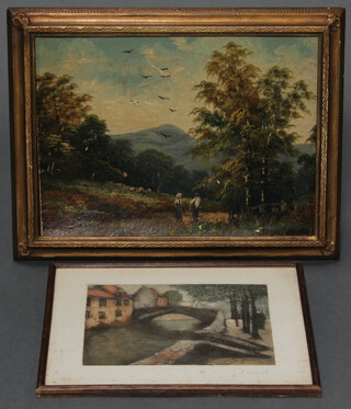A 19th Century oil on canvas, figures in extensive mountainous landscape 28cm x 36cm together with an etching of Bruges