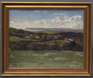 C D Ward, oil on canvas, an extensive Scottish landscape with distant bay and coastal village 26cm x 34cm 