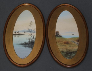 T Banks, oval watercolours a pair, loch scene with fishing boat 36cm x 13cm 