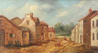 L B Wilson, oil on board signed, figures in a village street 24cm x 44cm 