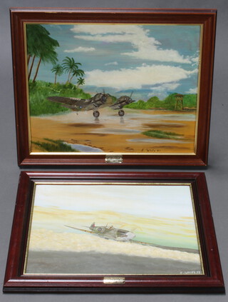 K White, oil on canvas signed, study of a Spitfire 34cm x 44cm, ditto of a Bo Fighter 