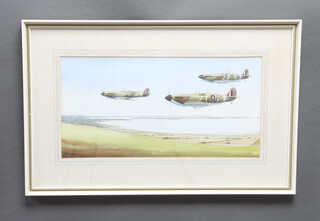David Holmes, watercolour signed, "Spitfires Over the South Coast of England, Returning Home" 28cm x 55cm 
