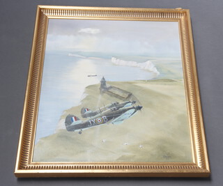 Archer '90, oil on canvas signed and dated, Spitfires flying over Belle Tout lighthouse, Eastbourne 60cm x 50cm  