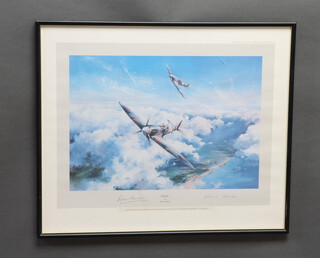 Robert Taylor, coloured print, "Spitfire" with facsimile signatures of Douglas Bader and Johnnie Johnson 40cm x 50cm 