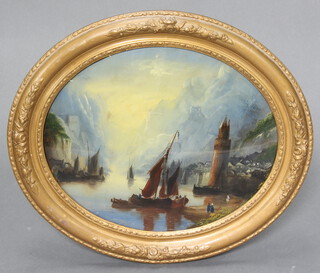 A reverse painting on glass, study of a Continental ravine with figures, ships and buildings 36cm x 45cm 