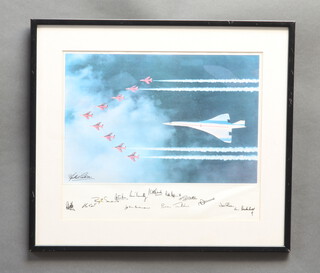 A framed photograph of Red Arrows and Concorde with facsimile signatures 33cm x 39cm and 1 other 
