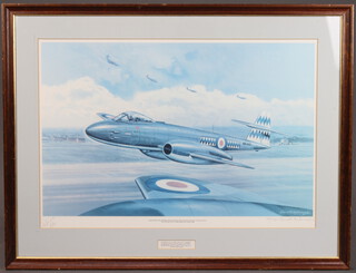 Robert Taylor, print, "Lancaster" signed by Leonard Cheshire VC 40cm x 48cm  Kenneth McDonough, limited edition signed print "Gloster Meteor F8 of 615 Squadron Royal Auxiliary Air Force" 45cm x 65cm and 1 other (3)