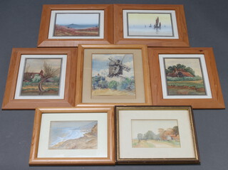 20th Century watercolour, study of a farmyard 12cm x 17cm together with 6 other landscape watercolours 