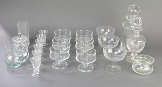 A cut glass spirit decanter with engraved inscription 24cm, a spirit decanter and stopper, 6 liqueurs and minor glassware 
