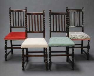 A set of 4 1930's beech framed stick and rail back dining chairs with upholstered seats, raised on turned and block supports 95cm h x 42cm w x 42cm d (seats 28cm x 29cm, frames loose) 