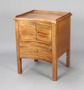 A Georgian mahogany concave commode with 3/4 gallery, the upper section fitted a cupboard enclosed by panelled doors, the base fitted a drawer, raised on square supports 75cm h x 57cm w x 53cm d (sun bleaching and ring marks to the top, some veneer to the right hand side has been stuck) 