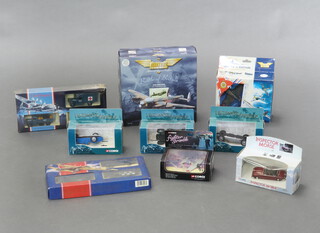 A Corgi Aviation Archive Battle of Britain Avro Lancaster bomber, ditto Super Marine Spitfire, 3 Corgi cars, a Lledo Dambusters 50th Anniversary set, and an Inspector Morse Jaguar, all boxed 