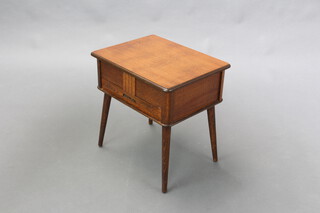 A Morco Products 1950's rectangular oak sewing box with hinged lid, the base fitted a drawer, raised on turned supports 46cm h x 45cm w x 39cm d 