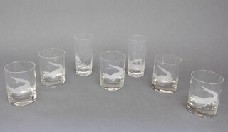 Five tumblers decorated with alligators together with 2 other glasses decorated with animals 