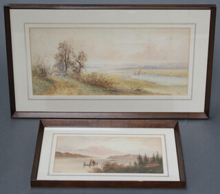 Edwardian watercolour indistinctly signed, extensive river landscape 24cm x 54cm and 1 other 