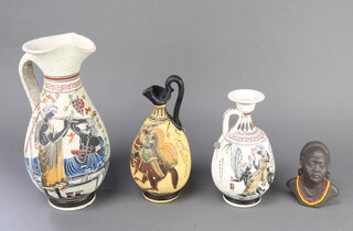 A Greek polychrome jug decorated with figures 32cm, 2 smaller 20cm and a bust 