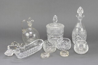 A cut glass mallet shaped decanter and stopper 28cm and minor glassware