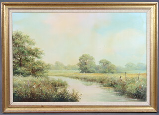 Tony Mercier, oil on canvas signed, figures in an extensive landscape beside a river, 50cm x 74cm 