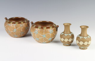 A pair of Doulton Slaters 2 handled vases 8cm and a pair of Doulton Silicon baluster vases 9cm 