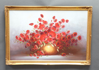 Toma, oil on canvas, a vase of poppies, signed 60cm x 19cm 