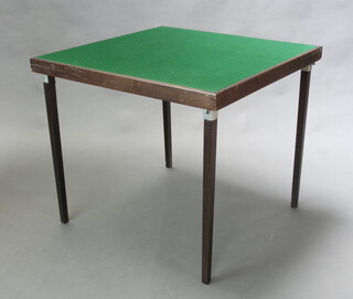 An oak folding bridge table with green baize top 67cm h x 76cm w x 77cm d