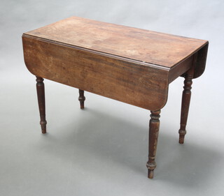 A Victorian bleached mahogany Pembroke table fitted a drawer, raised on turned supports 67cm x 93cm x 46cm (sun bleaching to top and old repair to 1 leg) 