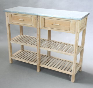 A zinc topped and pine work unit fitted 2 drawers above 2 slatted shelves 91cm h x 120cm w x 40cm d  