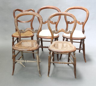 A pair of Victorian mahogany balloon back dining chairs with upholstered seats together with a ditto pair with woven cane seats (some damage to the cane) and 1 other (5)