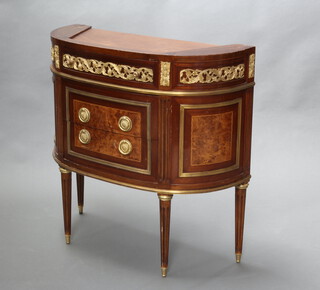 A walnut French style D shaped commode with gilt metal mounts, fitted 3 drawers raised on turned and fluted supports 80cm h x 82cm w x 34cm d (marble top is missing) 