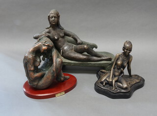 After Paul Marcell, a bronzed figure of a crouching girl raised on an oval base 24cm h x 28cm w x 20cm d, a bronzed figure of a seated tribes woman and child raised on a shaped base 23cm x 25cm x 20cm, ditto reclining naked lady on a chaise longue 30cm h x 45cm w x 17cm d 