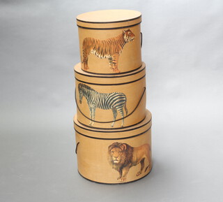 Three graduated hat boxes decorated African animals 31cm h x 44cm diam, 30cm d x 39cm (dented) and 28cm x 35cm diam. 