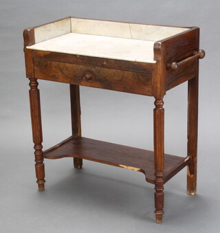 A 19th Century French mahogany and marble wash stand with white marble 3/4 gallery fitted a drawer, raised on turned and reeded supports with undertier 81cm h x 83cm w x 37cm d (marble cracked to the back, signs of old but treated worm to the base) 