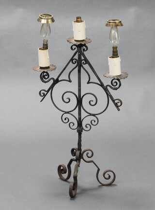 A wrought iron 3 light table lamp in the form of a candelabrum 60cm h x 38cm w x 23cm 