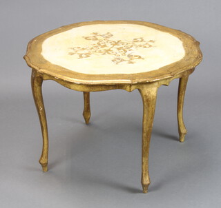 A circular Italian gilt and white painted occasional table on cabriole supports 49cm h x 74cm diam. together with an Italian Rococo style white and gilt painted square occasional table raised on cabriole supports 39cm h x 37cm w x 37cm d (some contact marks and gilding missing to top)