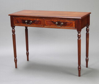 A reproduction Georgian inlaid mahogany side table fitted 2 drawers, raised on turned and reeded supports 76cm h x 99cm w x 42cm d (light scratches to the top) 
