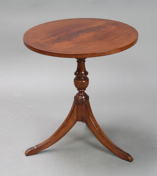 A Georgian style circular mahogany and crossbanded quarter veneered wine table on pillar and tripod base 95cm h x 51cm diam. (some ring marks)