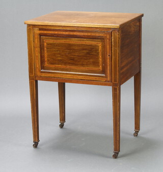 A square Edwardian inlaid mahogany bedside cabinet enclosed by panelled doors, raised on square supports ending in brass caps and casters 74cm h x 56cm w x 44cm d (some water marks and contact marks to the top) 