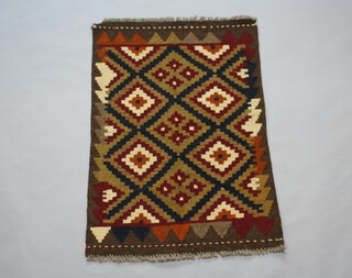 A black and brown ground Maimana Kilim rug with diamond design 97cm x 69cm 