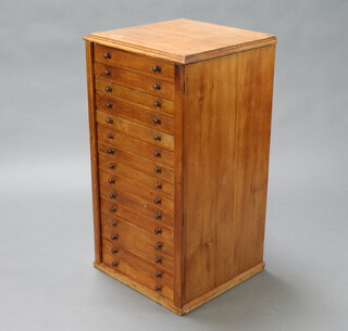 A Victorian pine collectors chest of 15 shallow drawers with glass tops 97cm h x 53cm w x 50cm d 