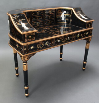 A 20th Century Chinese style black and gilt lacquered Carlton House desk with inlaid mother of pearl figures of standing geishas, the upper section fitted a bank of 6 short drawers flanked by a pair of shaped cupboards, the base fitted 2 short drawers above 3 long drawers, raised on turned supports 100cm h x 118cm w x 67cm d together with a matching arch shaped chair 98cm h x 43cm w x 43cm d (seat 29cm x 30cm) 
