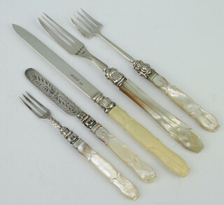 A Victorian silver knife and fork with lily pattern and mother of pearl handles, 3 other knives and mounted cutlery