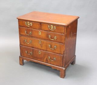 A 19th Century inlaid mahogany chest of 2 short and 3 long drawers, the drawers with feather crossbanding, raised on replacement bracket feet 77cm h x 76cm w x 47cm d 