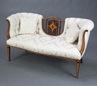 An Edwardian inlaid mahogany drawing room suite comprising 2 seat show frame sofa upholstered in buttoned material, raised on square tapered supports 78cm h x 150cm w x 50cm d (seat 114cm w x 49cm d), a pair of open arm chairs with upholstered seats and backs 97cm h x 60cm w x 51cm d (seat 42cm w x 37cm d) and a pair of ditto splat back side chairs 77cm h x 44cm w x 40cm d (seat 31cm w x 32cm d), all fully restored and re-upholstered in cream/gold material 