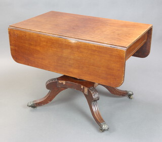 A 19th Century mahogany pedestal Pembroke table fitted a drawer raised on a turned column and triform base with splayed feet, brass caps and casters 74cm h x 97cm w x 57cm when closed x 112cm when open 
