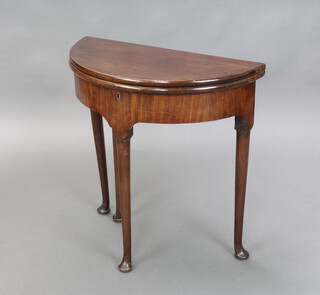 A 19th Century demi-lune tea table, the base with box raised on club supports 69cm h x 68cm w x 32cm x 66cm when open 