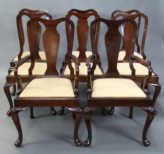 A set of 8 Queen Anne style slat back dining chairs with upholstered drop in seats, raised on cabriole supports, comprising 2 carvers 104cm h x 56cm w x 48cm d (seat 27cm x 34cm) and 6 standard chairs 106cm h x 48cm w x 40cm d (seat 30cm x 29cm) 