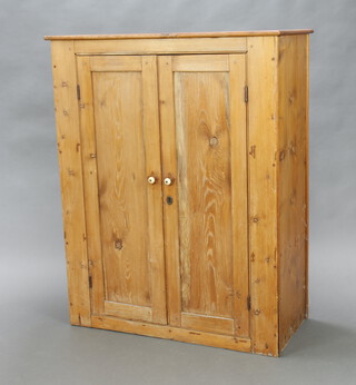 A 19th Century pine cabinet fitted shelves enclosed by panelled doors 120cm h x 96cm w x 43cm d 