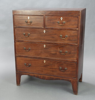 A 19th Century inlaid mahogany chest of 2 short and 3 long drawers with ivory diamond shaped escutcheons and replacement brass drop handles, raised on bracket feet 113cm h x 93cm w x 45cm d  