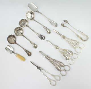 Three pairs of silver plated lily pattern grape scissors, 3 ditto ladles and minor plated wares 