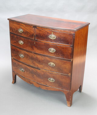 A Georgian mahogany bow front chest of 2 short and 3 long drawers with replacement handles, raised on splayed bracket feet 105cm h x 105cm w x 53cm d 